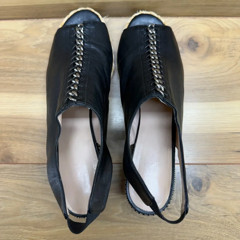 Stuart‎ Weitzman Chain Wedge Sandals Womens 7.5 M Black Leather Slingback
